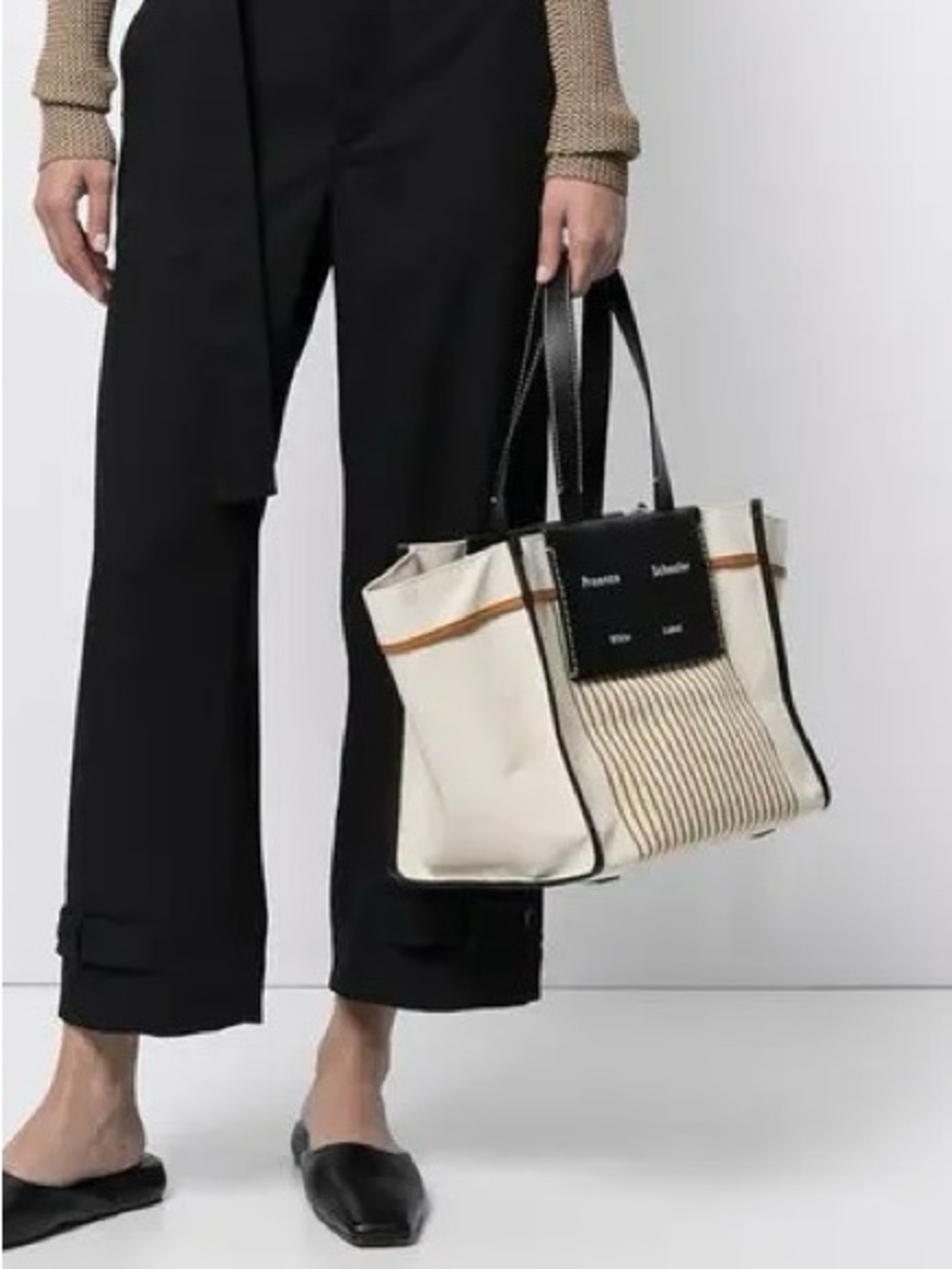 PROENZA SCHOULERLarge Canvas Stripe Tote Bag with Leather Trim - Cream/Tan/Black